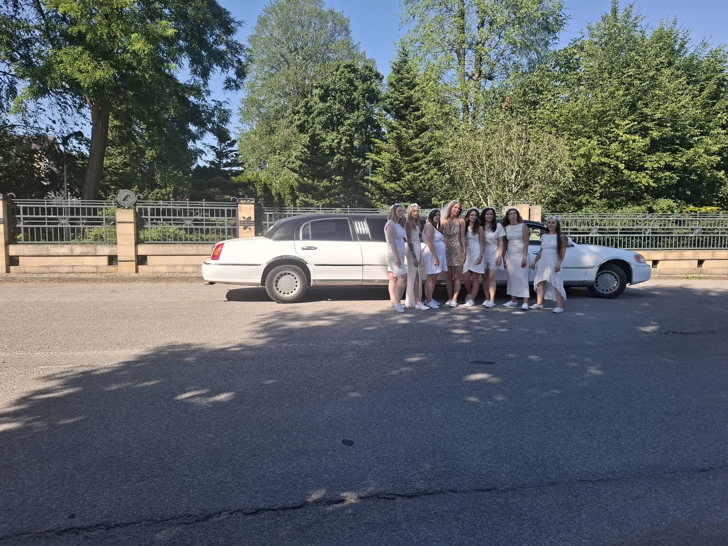 Grupa kobiet w białych sukienkach pozująca przy białej limuzynie na tle zieleni w słoneczny dzień.
